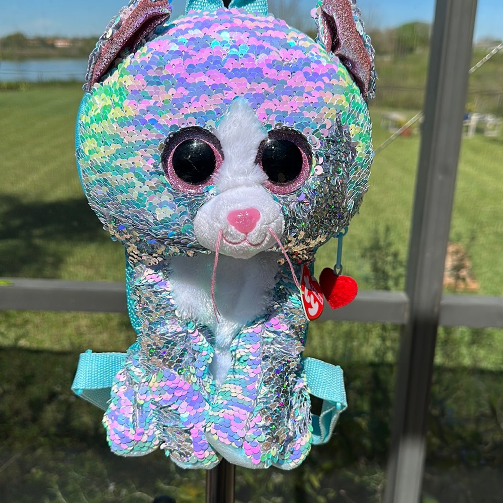 Ty Whimsy sequin cat aqua backpack with pink/blue/silver sequins
